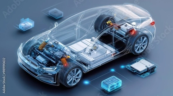 Fototapeta Transparent Electric Car Engine And Battery Illustration