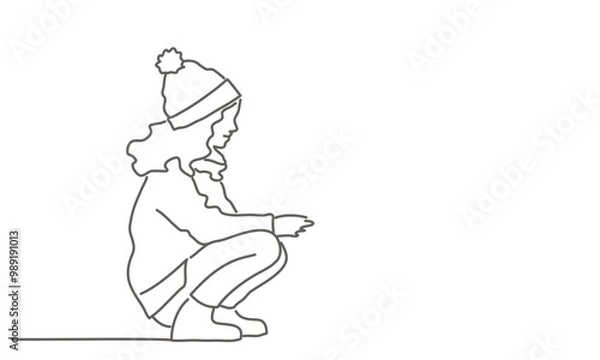 Fototapeta Girl in a hat is crouching down. She is looking at something. The image has a cold, wintery feel to it. Hand drawn vector illustration. Black and white.