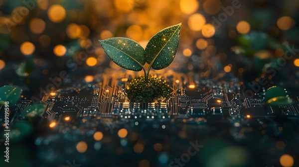 Fototapeta Green technology concept with a plant growing on a circuit board, a sustainable tech environment background, a banner for eco-friendly software development and digital innovation in the green energy i