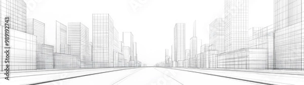 Fototapeta White background, city street perspective, buildings in the distance, wireframe drawing, city center with modern architecture buildings on both sides of urban streets, horizontal composition, 