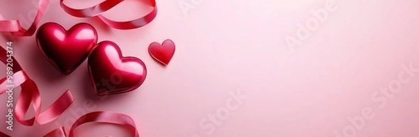 Obraz Pink Valentine's Day Background with Hearts and Ribbons