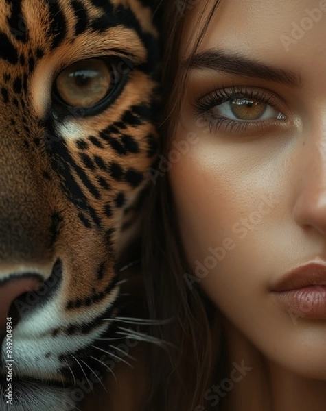 Obraz Close-up of a woman and a jaguar side by side, highlighting intense eyes and natural connection in portrait

