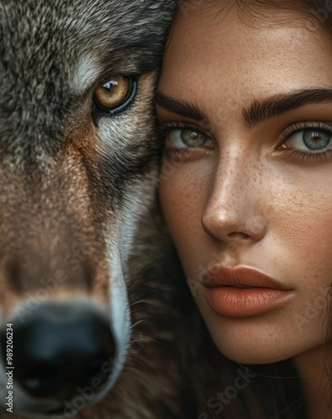 Obraz Close-up portrait of a woman and a wolf, their intense gazes and striking features creating a powerful connection

