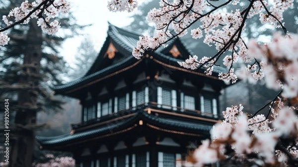Fototapeta A black and white building with a roof of red tiles. The building is surrounded by trees and has a lot of pink flowers on the branches
