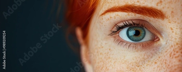 Fototapeta Close-up of a human eye showcasing vibrant color and freckles, emphasizing natural beauty and emotion against a dark background.