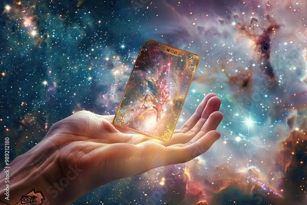 Fototapeta Cosmic tarot card held in a hand against a starry background