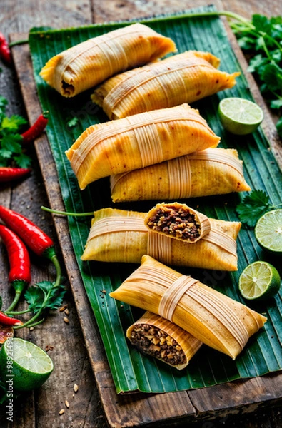 Obraz Traditional tamales wrapped in banana palm leaves, arranged on a rustic wooden board