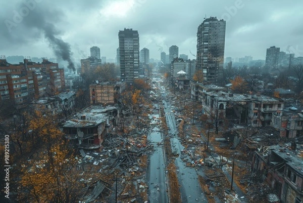 Fototapeta City in ruins  postwar devastation with destroyed buildings and missile strike aftermath