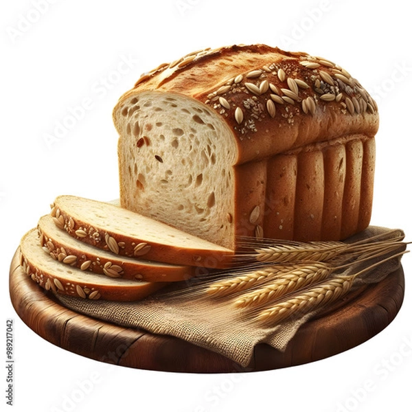 Obraz Sliced loaf of whole wheat bread, with visible grains on a transparent background.