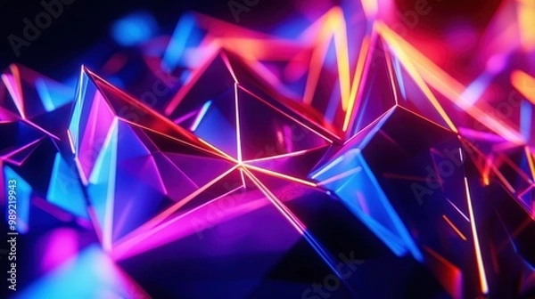 Fototapeta Abstract 3D polygon mesh with neon lighting, representing digital art and creative design 3D polygons, digital art