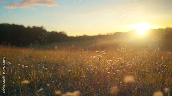 Obraz sunrise in the field, Sunset Glow Field of Wildflowers and Tall Grass in Golden Light