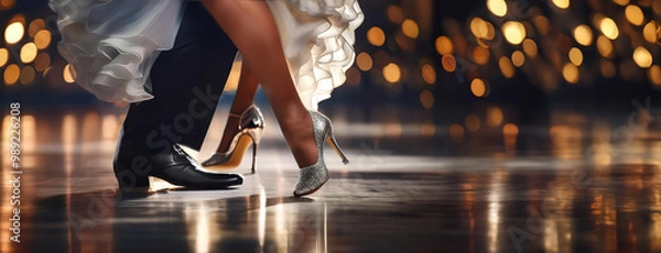 Fototapeta Couple dancing, their feet in focus on a polished dance floor, with warm bokeh lighting in the background. World tango championship.