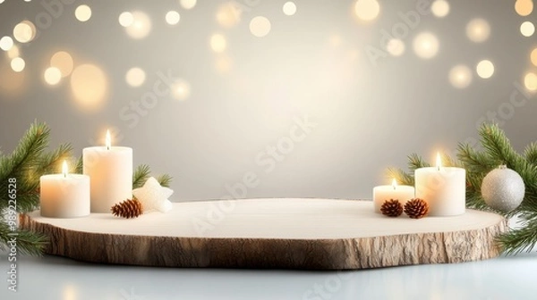 Obraz A charming rustic Christmas backdrop with wooden logs, softly lit candles, and festive pine garlands, creating a cozy and inviting holiday atmosphere.