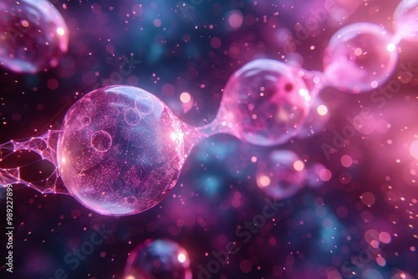 Fototapeta Abstract neon science background featuring interconnected cells in blue and purple design