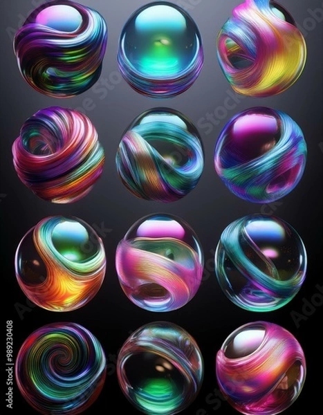 Fototapeta neon iridescent holographic colourful gloss shiny glass balls