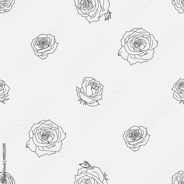 Obraz Seamless pattern with hand drawn rose flowers. Vector floral background. Summer botanical sketch illustration. Monochrome design ideal for print, fabric, wrapping paper