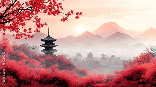 Fototapeta Vibrant card celebrating Chinese and Japanese cultural events featuring a minimalist 2D design with a spacious blank space on the upper left for writing subtly highlighted by light 3D textures