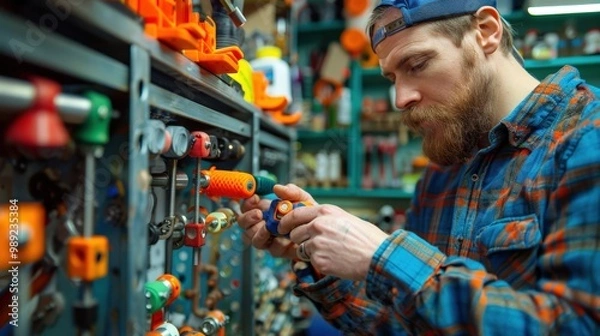 Fototapeta Bearded male worker in a colorful workshop adjusting tools on a workstation. The scene conveys craftsmanship, attention to detail, and hands-on work in a well-organized maker space filled with tools.