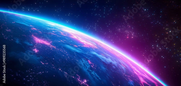 Fototapeta Vibrant view of Earth from space, glowing neon lights illuminating the planet, set against the backdrop of a starry sky, concept of technology and connectivity
