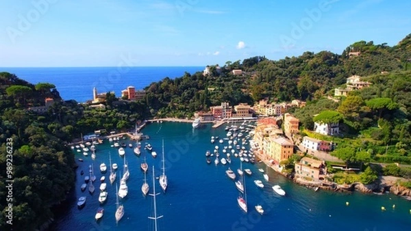Obraz Portofino - italy - Aerial view with sailing ships and yachts in the harbor