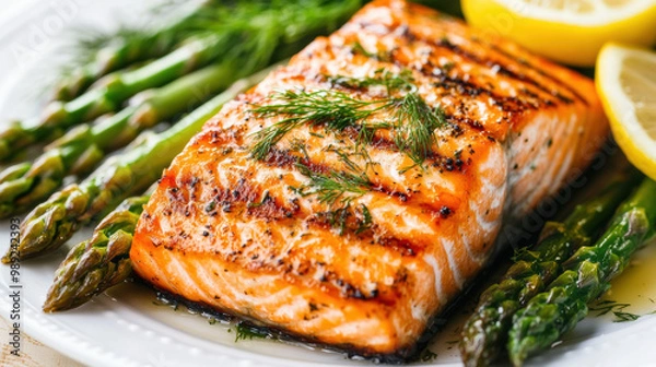 Fototapeta Grilled salmon fillet served with fresh asparagus and lemon slices, garnished with dill, creates vibrant and appetizing dish. combination of flavors is delightful and visually appealing