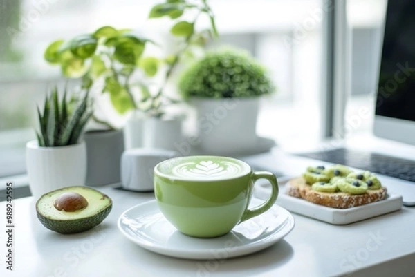 Fototapeta A cozy workspace with a green tea latte and a healthy avocado snack. Enjoy the simple beauty of plants and fresh flavors. Perfect for wellness lovers. Generative AI