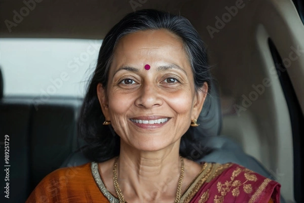 Fototapeta Smiling Indian Woman in Traditional Attire Inside a Car