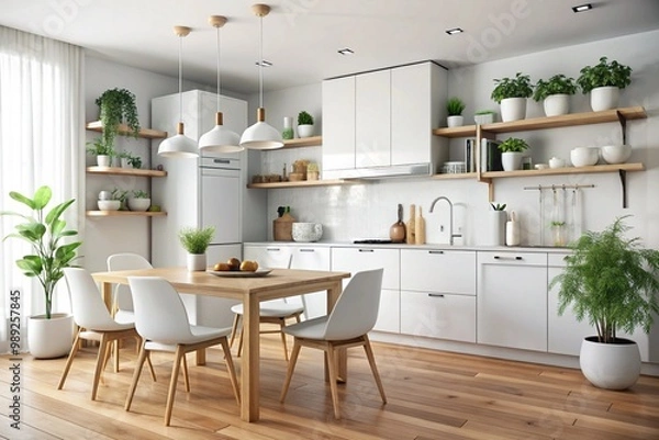 Fototapeta White scandinavian kitchen interior with dining room and wooden floor. Simply furniture with utensils, shelves with crockery and plants in pot, refrigerator in modern minimal design