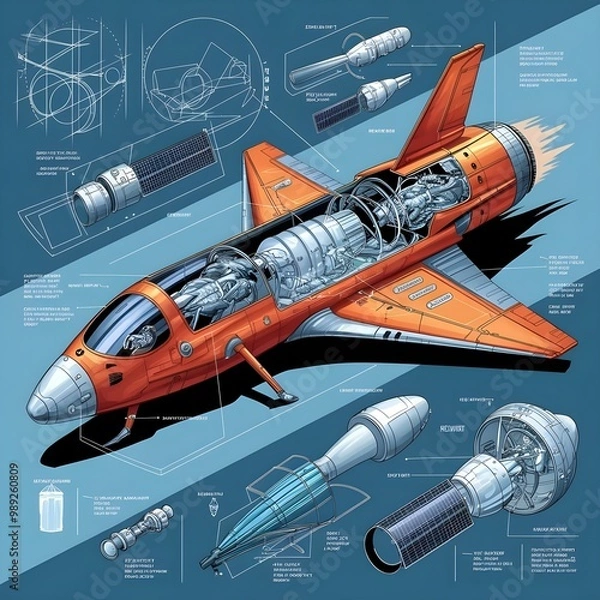 Fototapeta A sketch-like style illustration of a spacecraft with a cutaway design,generative ai