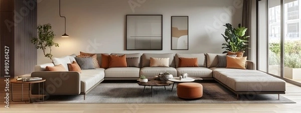 Fototapeta Stunning 3D rendered image of a contemporary and modern living room featuring a spacious modular sectional sofa chic decorative accents