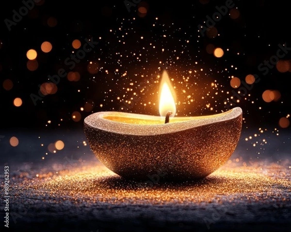 Obraz Traditional diya glowing brightly, with a beautiful bokeh light effect creating a dreamy festive background