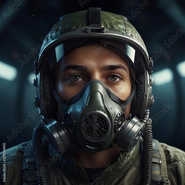 Fototapeta A highly detailed illustration of a person seated in the cockpit of a fighter jet wearing a gas mask,generative ai