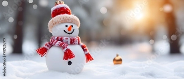 Fototapeta happy smiling Snowmans on the snow, Family with scarf and beanie, cute, Merry Christmas Banner card invitation, wallpaper, with copy space for text, blurred winter forest background, close up HD