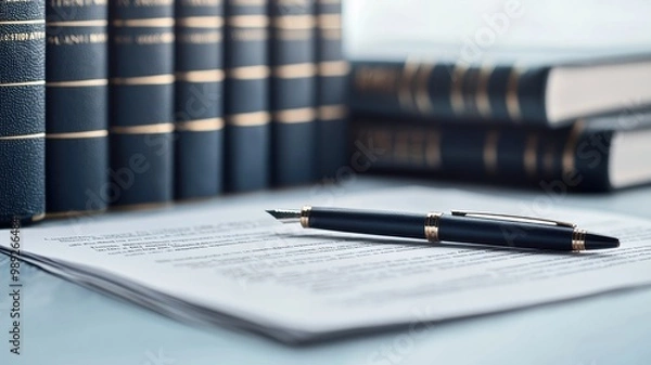 Fototapeta Close-up of documents and a pen resting on a table, with law books in the background, soft focus.