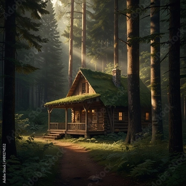 Obraz An inviting, rustic cabin nestled deep within a dense, tranquil forest, surrounded by towering trees and lush greenery. Soft, warm light glows from the cabin's windows