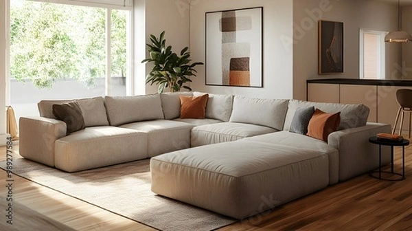 Fototapeta A cozy and inviting modern living room featuring a large comfortable sectional sofa minimalist and stylish decor rich color tones plush textures and a mid century modern inspired elegant atmosphere