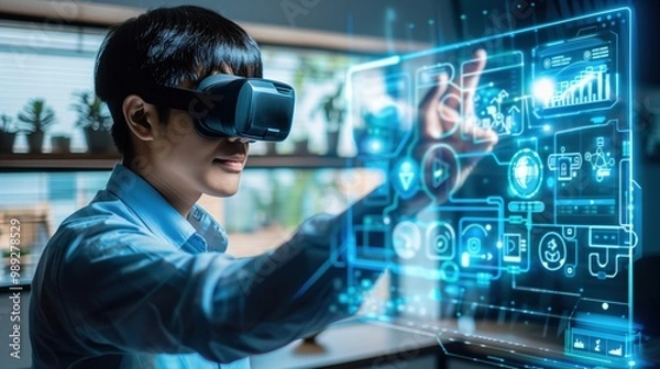 Fototapeta People Using VR Headsets with Futuristic Digital Holograms