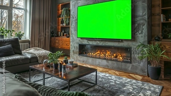 Fototapeta A mockup of a TV with a green screen above a fireplace in a stylish modern living room