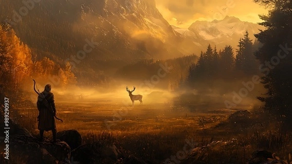Obraz Archer in Medieval Valley Gazing at Golden Stag on Misty Hill - Serene Nature Scene with Mountains and Ethereal Wildlife