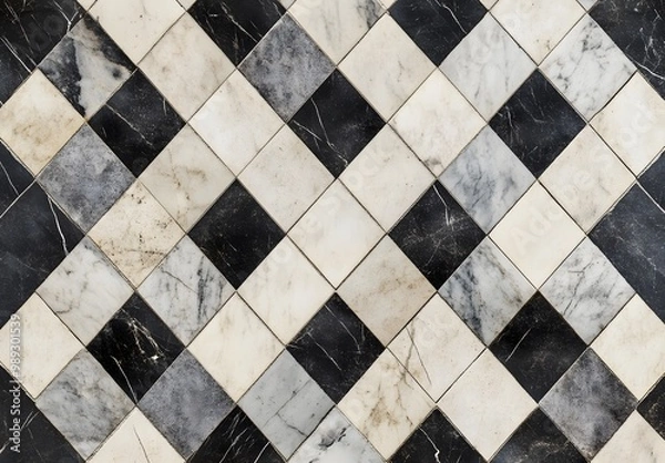 Fototapeta Black White Marble Checkered Floor Seamless Pattern