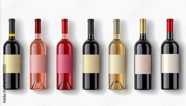 Obraz A set of wine bottles with different-colored labels, arranged in a row on a white background.