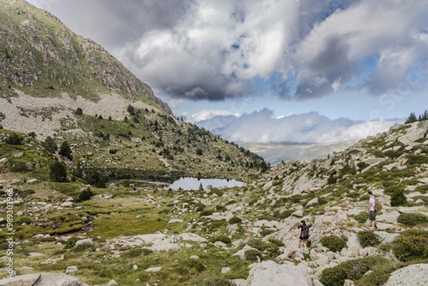 Fototapeta Estany del Cap dels Pessons, lake de Pessons in the Pyrenees mountains of Andorra, summertime