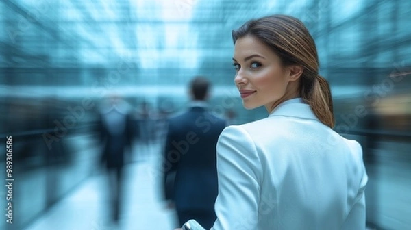 Obraz Businesswoman on white suit in fast pacing corporate environment. Symbolic of fast change in business.