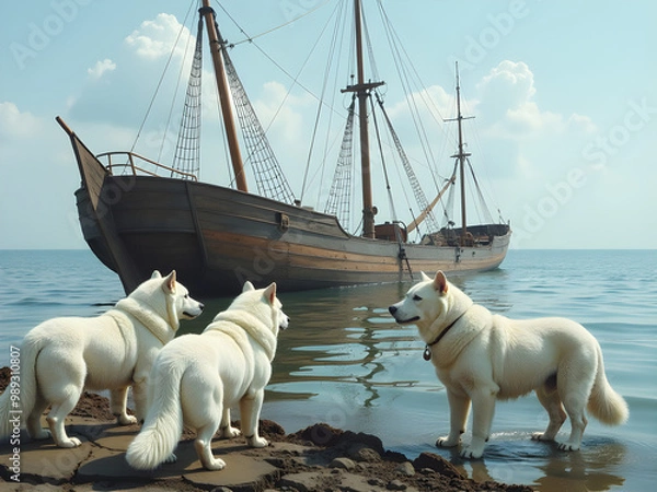 Fototapeta Serene Coastal Scene with Three Fluffy White Dogs Resembling Shiba Inus on Rocky Shoreline Gazing at Majestic Wooden Ship with Tall Masts, Evoking Adventure and Exploration in Calm Waters