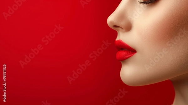Fototapeta Side profile of a woman with bold red lips against a red background