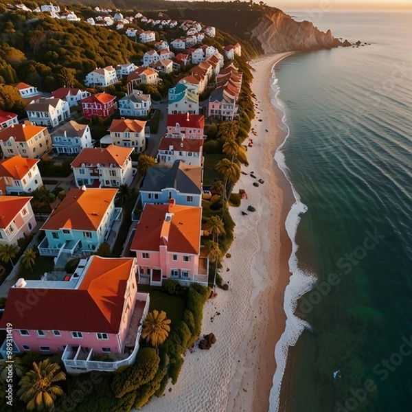 Fototapeta A sweeping drone image of a picturesque coastal town. The scene captures the gentle waves of the ocean meeting the shoreline, while colorful houses with red-tiled roofs line the edge