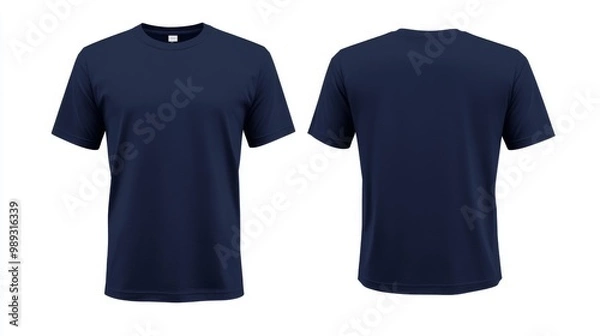 Fototapeta navy blue T-shirt template with nothing neat, mockup for design and print. T-shirtT-shirt front and back view isolated on white background 