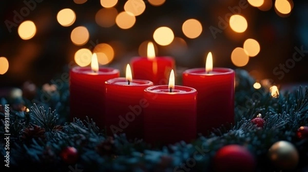 Fototapeta Five red candles in a Christmas wreath, with a blurred background of warm lights.