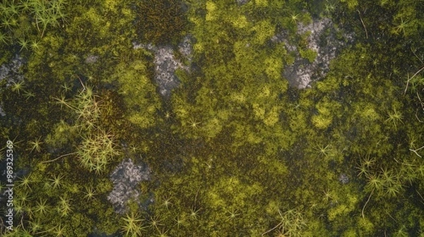 Fototapeta An overhead view of a bog with a mossy surface, the texture wet and soft, perfect for graphic materials promoting ecotourism and adventure.
