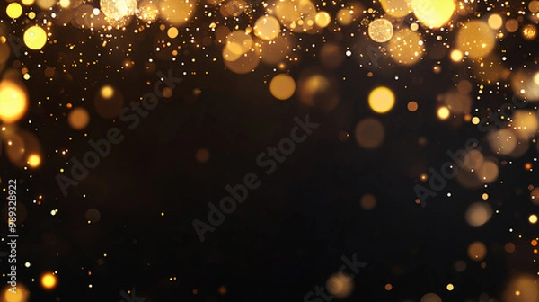 Fototapeta Scattered gold particles on black background. Holiday background frame. Generative AI